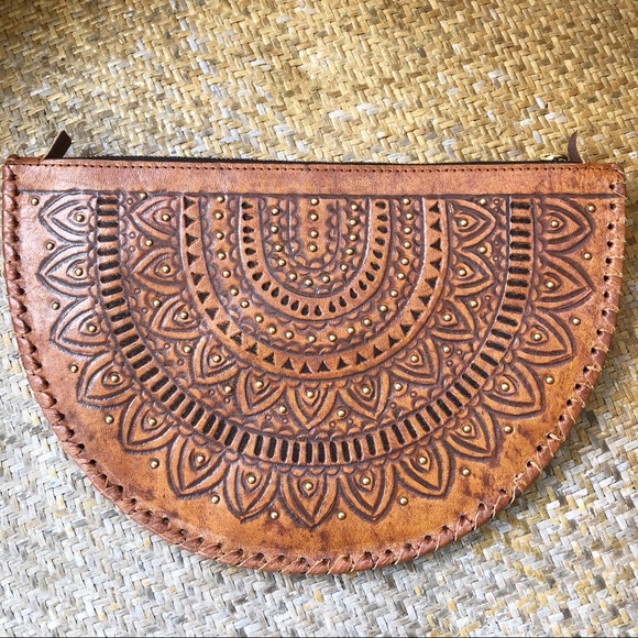 Cleobella Handbags - Cleobella Half Moon Clutch Tooled Leather Brown Gold